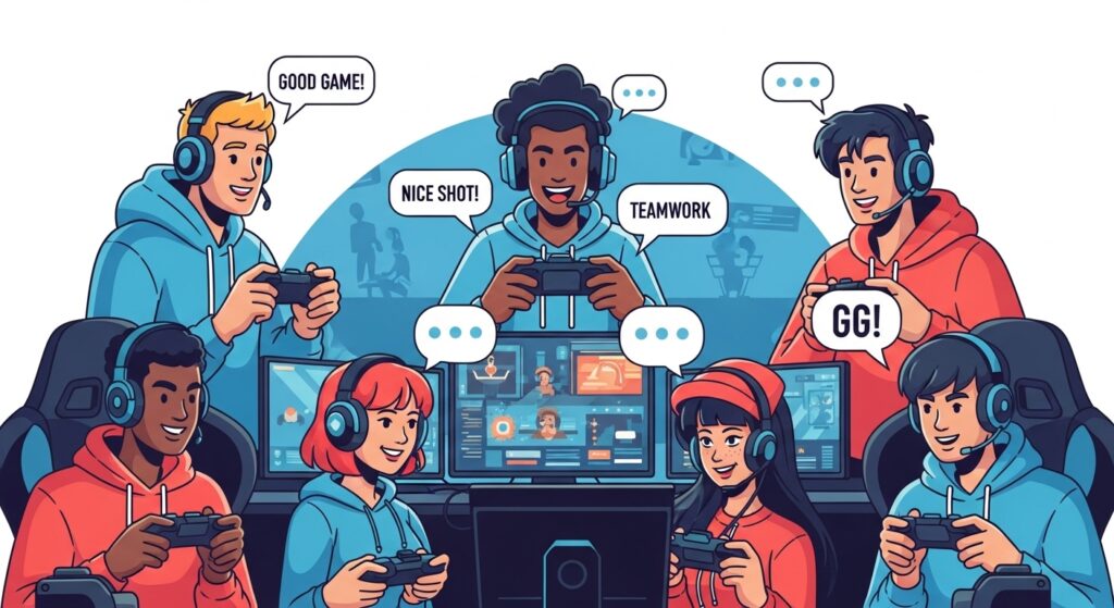 A vibrant illustration of diverse young gamers wearing headsets, communicating in English while playing together, floating speech bubbles with English phrases like "Good game!" and "Nice shot!", modern gaming setup with multiple screens, friendly and energetic atmosphere, flat design style with bright colors, professional quality for corporate blog